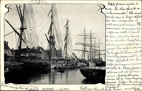 Ak Ostende Westflandern, Hafenpartie mit Segelschiffen
