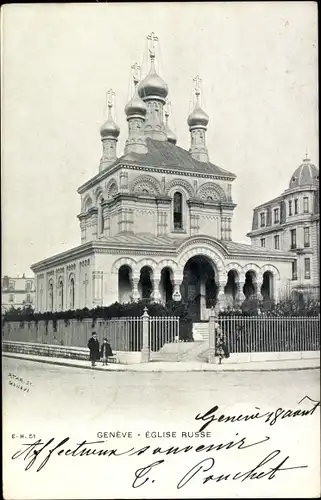 Ak Geneve, Ansicht der Russischen Kirche, Leute