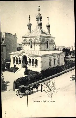 Ak Genève Genf Stadt, Eglise Russe, Straßenpartie mit Blick auf Kirche, Kutsche