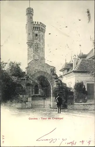 Ak Genf, Tour de Champel, Mann am Tor schaut auf Turm