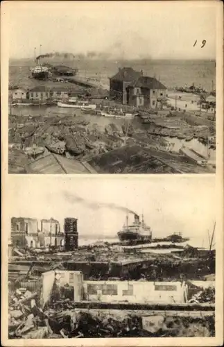 Ak Japan, zerstörter Hafen, Ruinen