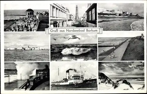 Ak Nordseebad Borkum in Ostfriesland, Leuchtturm, Gesamtansicht, Promenade, Dampfer