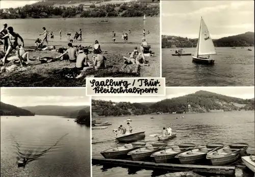 Ak Saalburg in Thüringen, Bleilochtalsperre, Badestrand, Boote