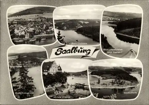 Ak Saalburg in Thüringen, Blick vom Luchsfels, HO Hotel Kranich, Saaleschleife, Blick vom Sühnekreuz