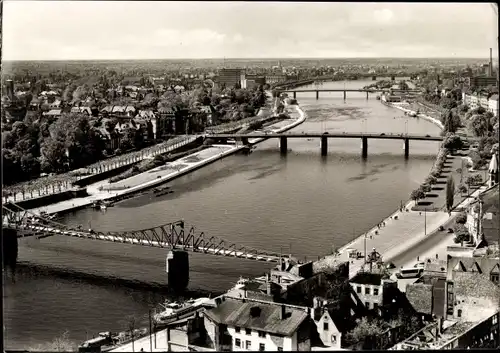 Ak Frankfurt am Main, Blick vom Dom Mainabwärts, Eiserner Steg, Mainbrücke, Friedensbrücke