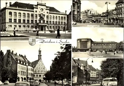 Ak Zwickau in Sachsen, Rathaus, Georgenplatz, Hauptbahnhof, am Stadttheater, Bus
