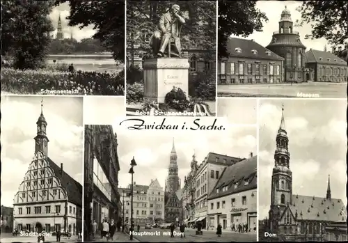 Ak Zwickau in Sachsen, Hauptmarkt mit Dom, Museum, Stadttheater, Schwanenteich