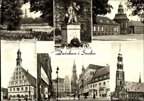 Ak Zwickau in Sachsen, Hauptmarkt mit Dom, Museum, Stadttheater, Schwanenteich