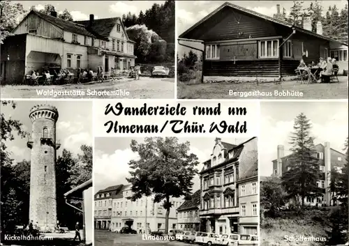 Ak Ilmenau in Thüringen, Gasthäuser, Bobhütte und Schortemühle, Schöffenhaus, Kickelhahnturm