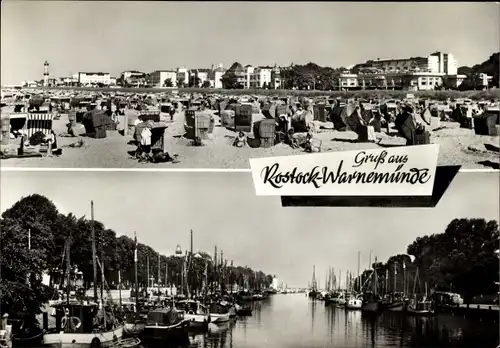 Ak Ostseebad Warnemünde Rostock, Strandpartie, Hafenidyll