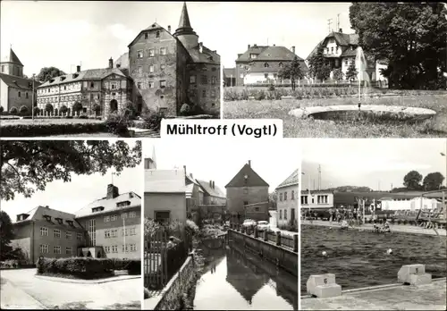 Ak Mühltroff im Vogtland Sachsen, Gebäude, Springbrunnen, Freibad