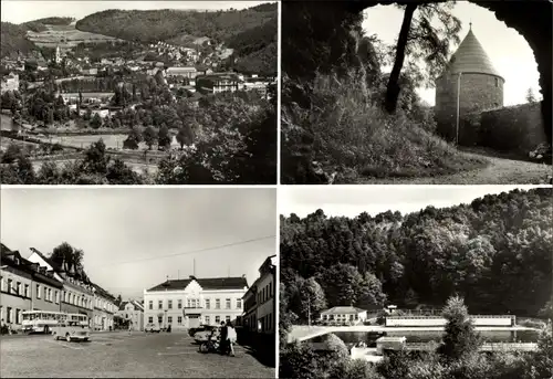 Ak Elsterberg im Vogtland, Ruine, Markt, Schwimmbad