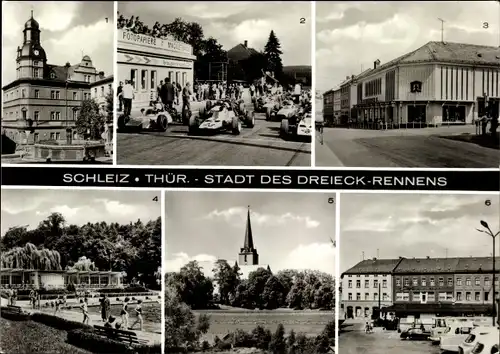 Ak Schleiz im Vogtland Thüringen, Rennwagen v. d. Kommando Helfer raus, Kirche, Kaufhaus, Freibad