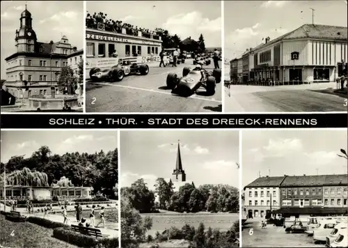 Ak Schleiz im Vogtland Thüringen, Rennwagen v. d. Kommando Helfer raus, Kirche, Kaufhaus, Freibad