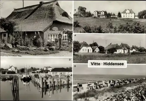 Ak Vitte Insel Hiddensee, Blaue Scheune, Hafen, Teilansicht, Fischerhäuser, Strand