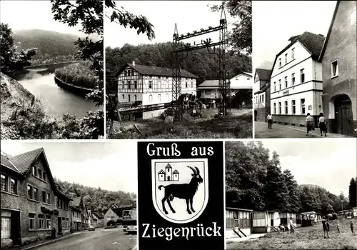 Ak Ziegenrück an der Saale Thüringen, Saaleschleife, Wasserkraftmuseum, Wappen, Campingplatz