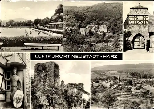 Ak Neustadt im Harz Harztor Thüringen, Freibad, Tor, Ortsansicht, Ruine, Wappen