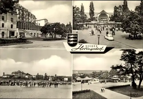 Ak Ostseebad Heringsdorf auf Usedom, Wappen, Badestrand, Gebäude, Platz