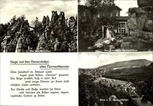 Ak Jonsdorf in Sachsen, Zittauer Gebirge, Nonnenfelsen, Sage, Berggaststätte, Blick vom Felsen