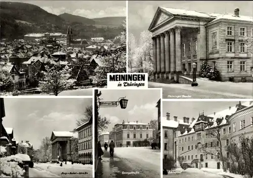 Ak Meiningen in Thüringen, Aug.-Bebel-Straße, Bergstraße, Schlosshof, Thüringer Theater, Winter