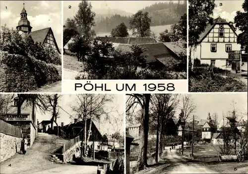 Ak Pöhl Vogtland, um 1958, Kirche, Gansmühle, Gasthaus zum Triebtal, Teilansicht