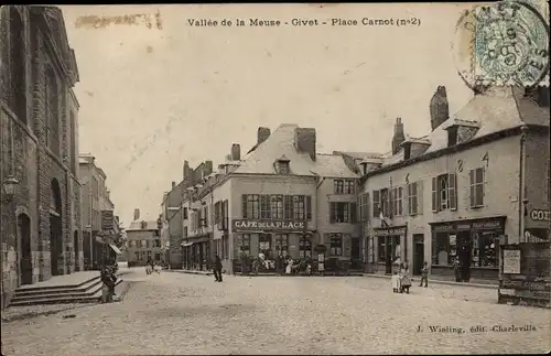 Ak Givet Ardennes, Place Carnot, Café de la Place