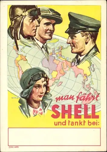 Künstler Ak Man fährt Shell, Reklame, Männer und Frau mit Fahrermütze, Fahrerbrille