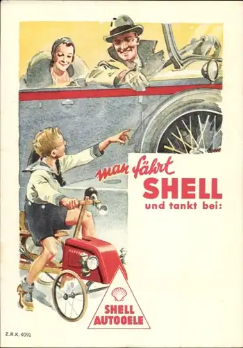 Künstler Ak Man fährt Shell, Shell Auto-öle, Reklame, Paar im Automobil, Junge auf Kinderfahrzeug