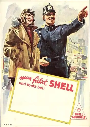 Künstler Ak Man fährt Shell, Autofahrerin, Polizist, Reklame Shell Auto-Öle
