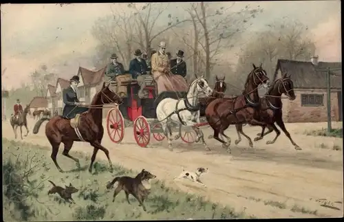 Künstler Ak Kutsche, Pferde, Straßenpartie, Hunde
