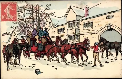 Künstler Ak Kutsche, Pferde, Stadtpartie, Winterszene