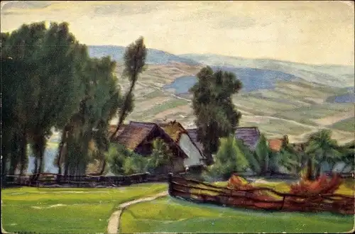 Künstler Ak Kalvoda, A., Blick auf ein Dorf, Wohnhäuser, Bäume, Hügel