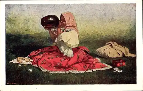 Künstler Ak Uprka, J., Mädchen in tschechischer Tracht, Wasserkrug, Roter Rock