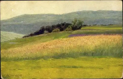 Künstler Ak Kalvoda, A., Blick auf eine Wiese, Hügel, Getreide