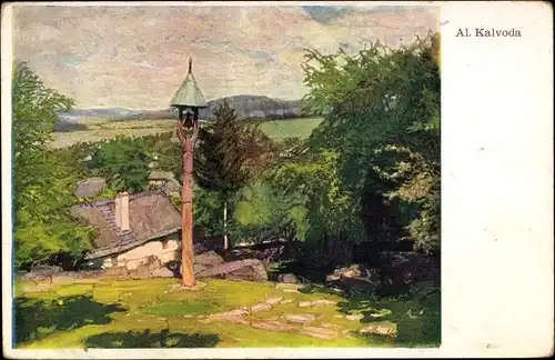 Künstler Ak Kalvoda, A., Kruzifix, Blick auf ein Dorf, Haus, Bäume