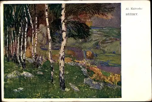 Künstler Ak Kalvoda, A., Birken, Wiese, Laubbäume