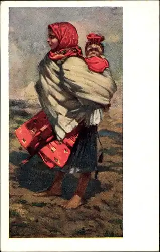 Künstler Ak Uprka, J., Frau in tschechischer Tracht mit Kind, Rotes Kopftuch