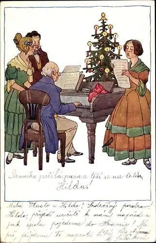 Künstler Ak Nahlicka, V., Frohe Weihnachten, Familie beim Gesang am Klavier, Tannenbaum