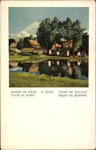 Künstler Ak Stafl, O., Teich im Dorf, Wohnhäuser