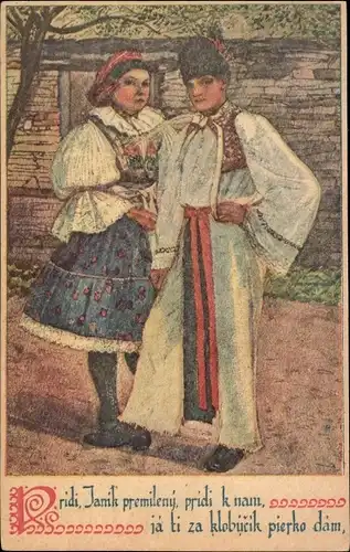 Künstler Ak Plesniveho, V., Liebespaar in slowakischer Tracht