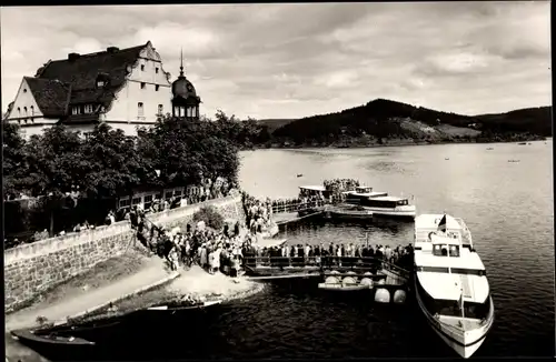 Ak Saalburg Ebersdorf Thüringen, Stausee Bleiloch Saaletalsperre, Schifffahrt am HO Hotel Kranich