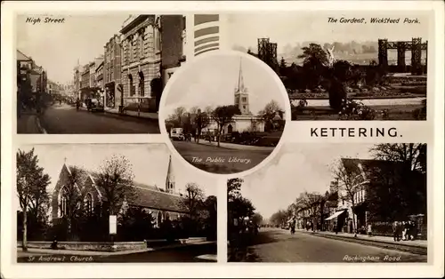 Ak Kettering Northamptonshire England, Wicksteed Park, The Gardens, Library, High Street, Church