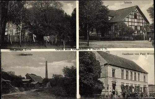 Ak Glashütte Klasdorf Baruth in der Mark, Schule, Gasthaus Paul Weber, Glashütte, Eiche