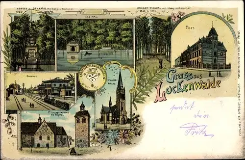 Litho Luckenwalde in Brandenburg, Post, Kirche, Bahnhof, Elstal, Kriegerdenkmal