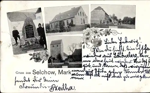 Ak Selchow Storkow in der Mark, Kirche, Gedenkstein, Straßenpartie