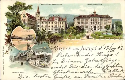 Litho Aarau Kanton Aargau, Haldentor, Kantonsschule, Gewerbemuseum, Kettenbrücke