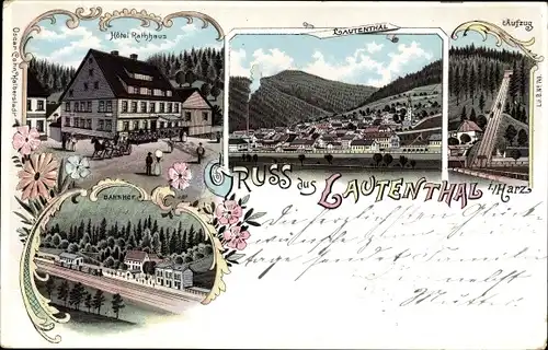 Litho Lautenthal Langelsheim am Harz, Hotel Rathaus, Aufzug, Bahnhof