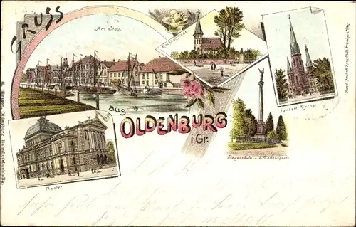 Litho Oldenburg im Großherzogtum Oldenburg, Theater, Kirche, Friedensplatz, Siegessäule