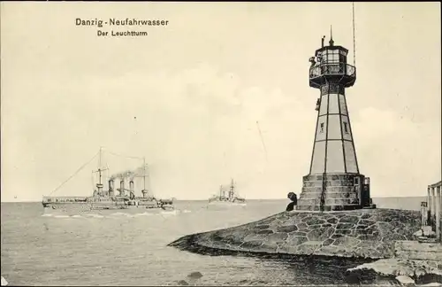 Ak Nowy Port Neufahrwasser Gdańsk Danzig, Leuchtturm, Kriegsschiffe