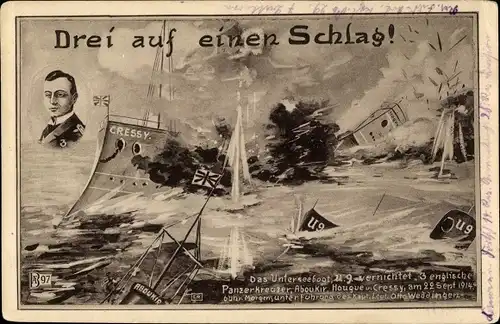 Ak Deutsches U Boot, U9, Seelschacht, englische Panzerkreuzer, Aboukir, Hogue, Cressy, I WK